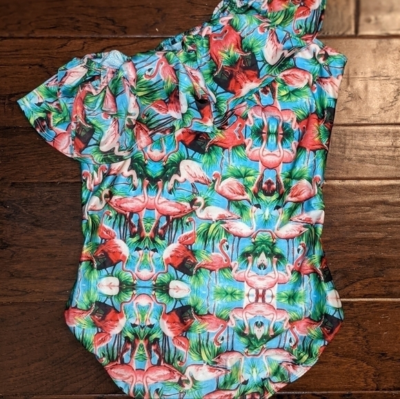 Alcatraz Pink Flamingo Double Layered One Shoulder Swimsuit - Picture 2 of 2